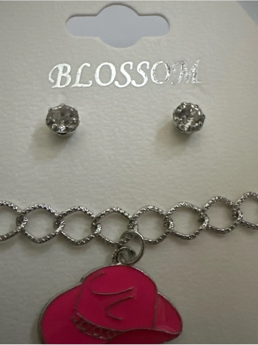 Blossom Silver-Tone Pink Heart Charm Necklace Set